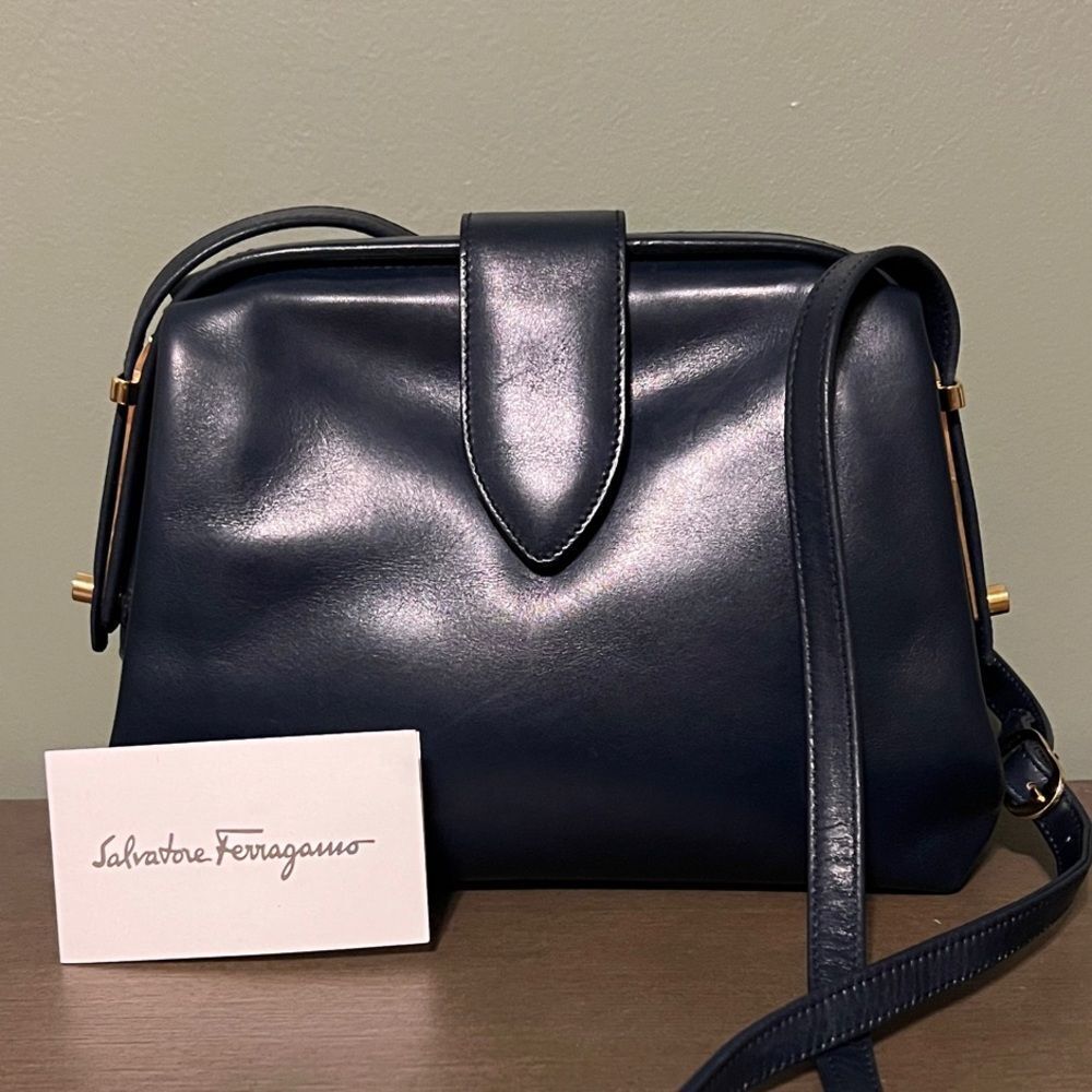 Salvatore Ferragamo Navy Leather Crossbody Bag with Gold Hardware